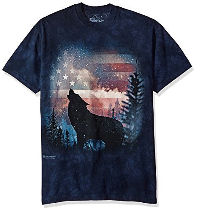 Patriotic Howl Wolf Unisex Adult T-Shirt by The Mountain 100% Cotton Blue